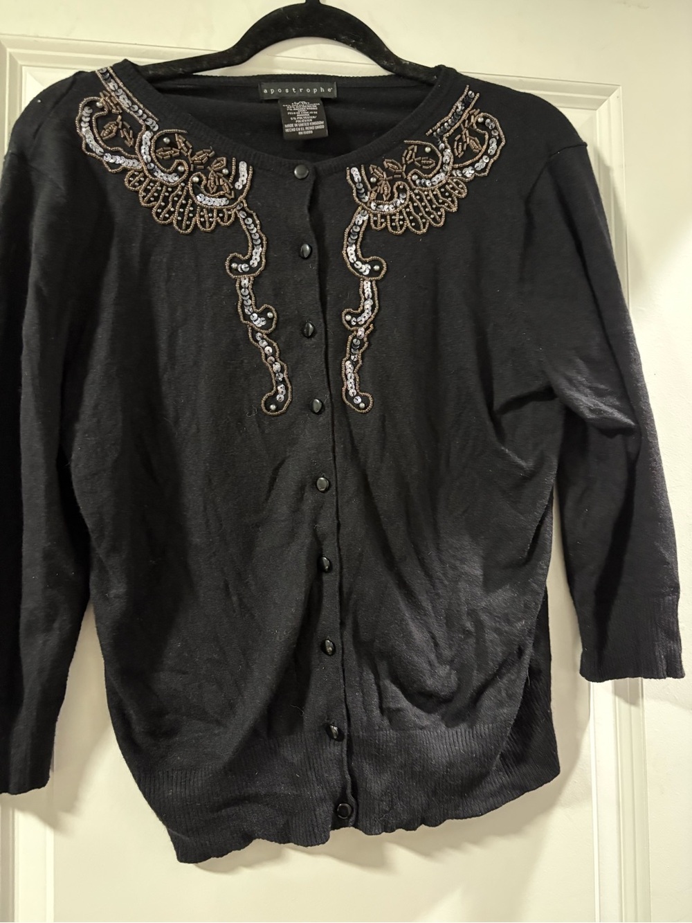 Apostrophe Black Embellished Crewneck Cardigan with Beaded Neckline